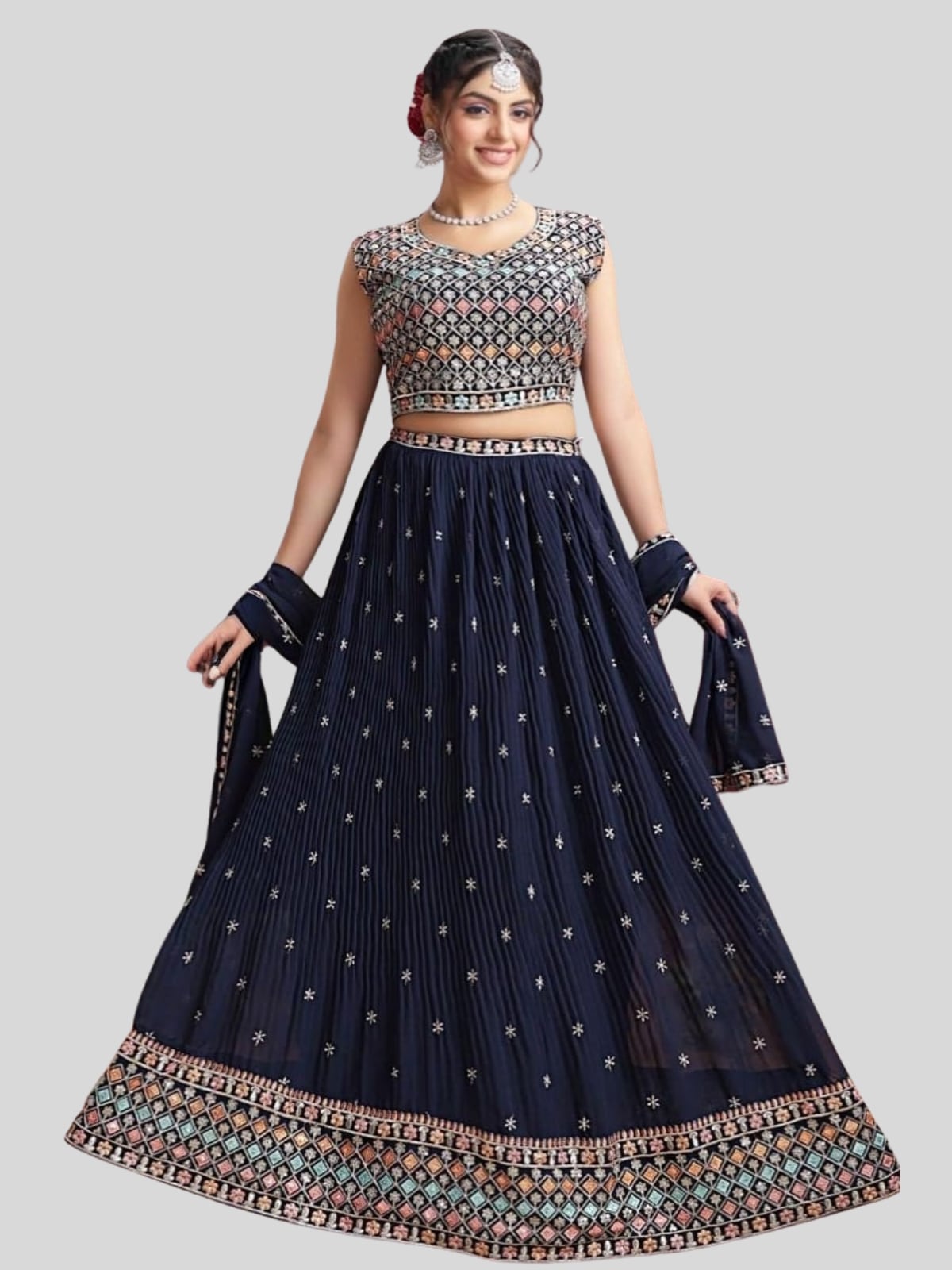 Silk Navy Blue Readymade Lehenga Choli